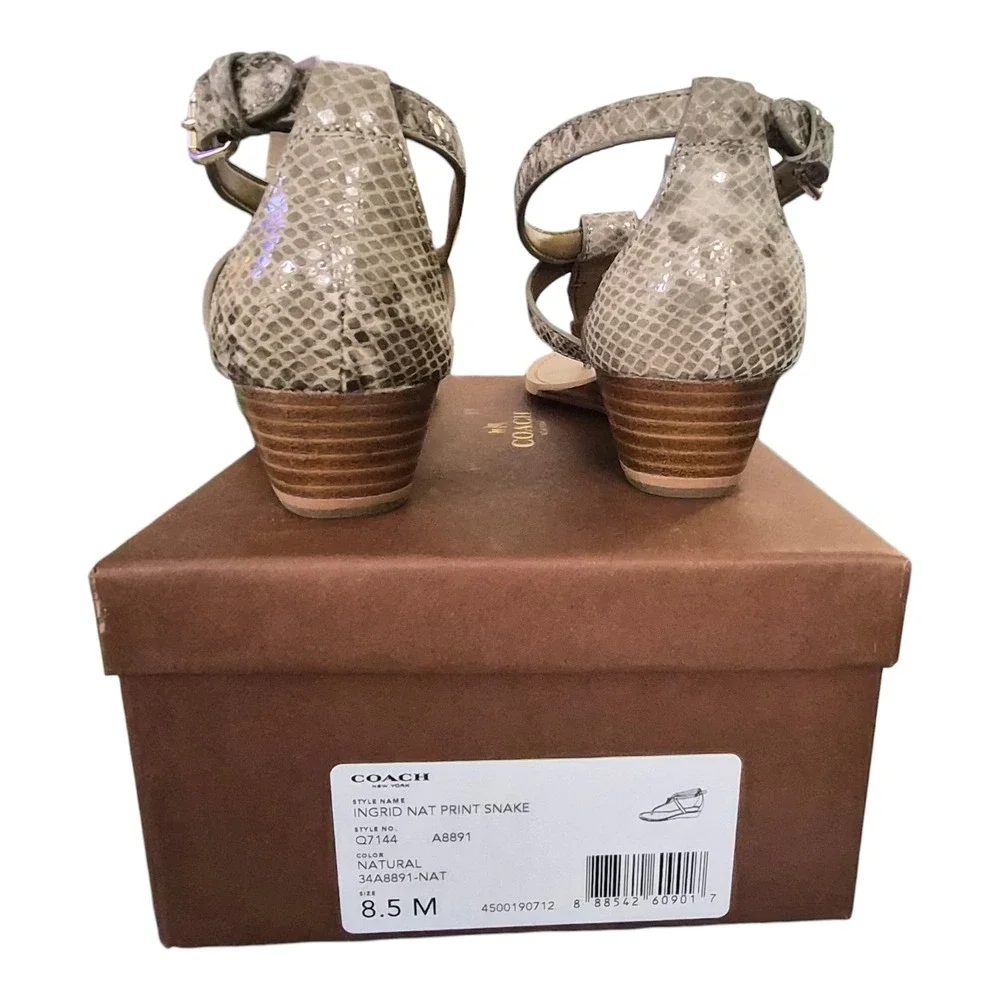 Coach Ingrid Natural Snake Print‎ Leather Thong Sandals Ankle Strap Size 8.5 New - Picture 6 of 8